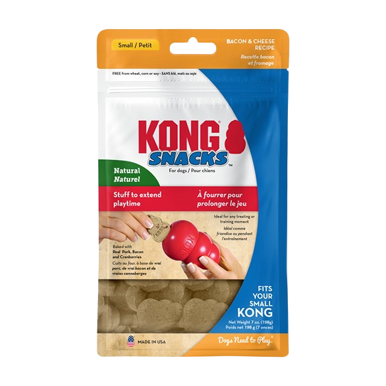 Package of small bacon and cheese dog biscuits designed to fit KONG toys and extend playtime