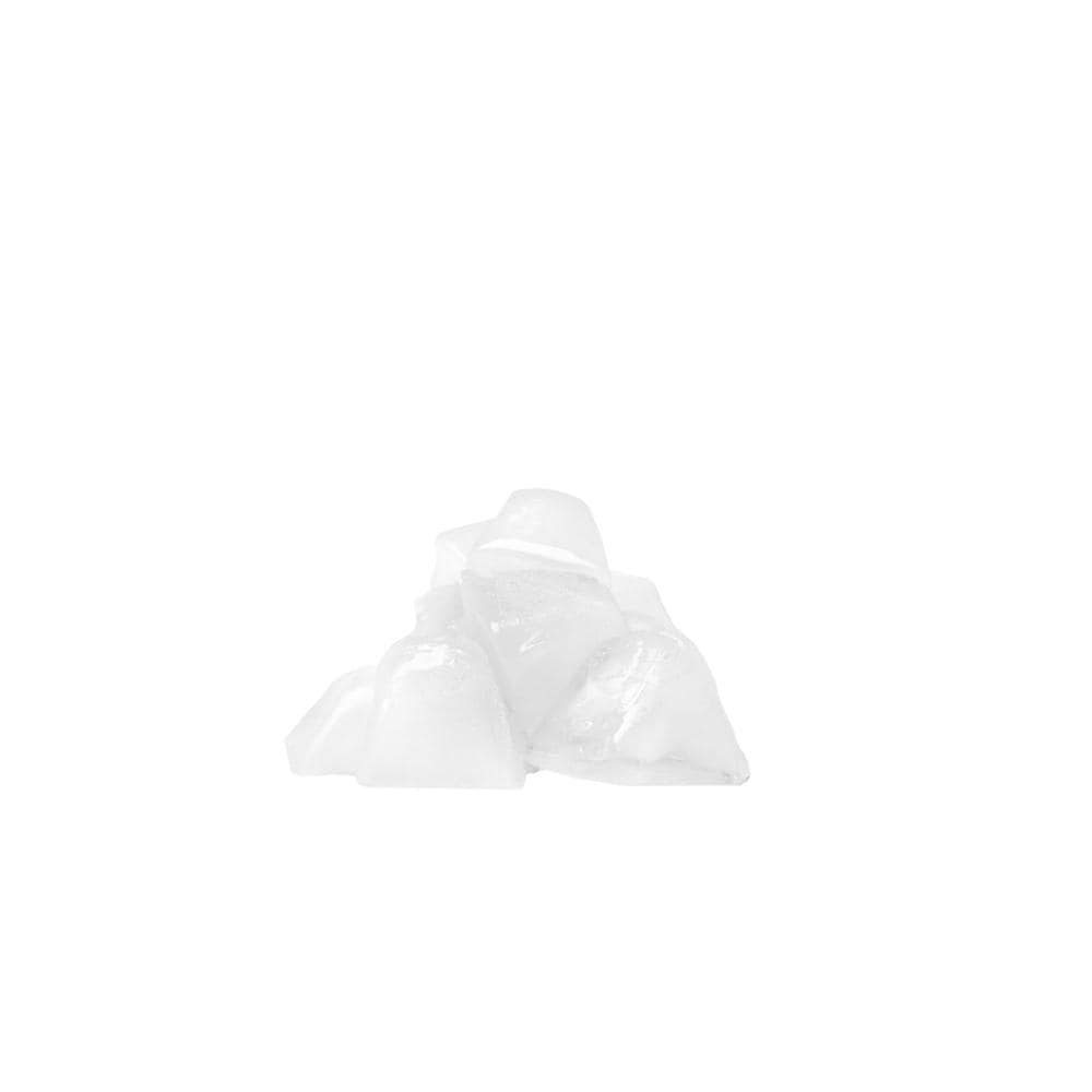 Close-up of clear ice cubes stacked on a white background for kitchen and home use.