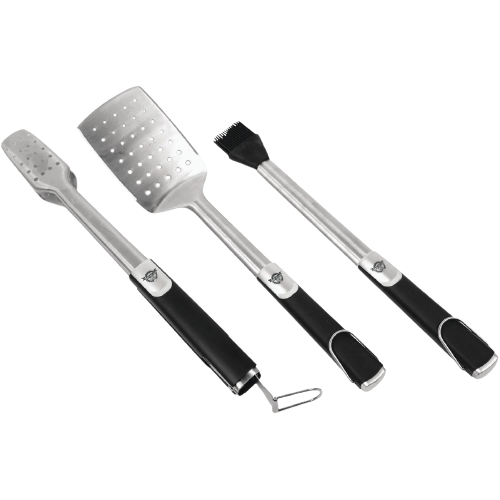 Three-piece stainless steel BBQ set with locking tongs, slotted spatula, and silicone basting brush for grilling tools and outdoor living