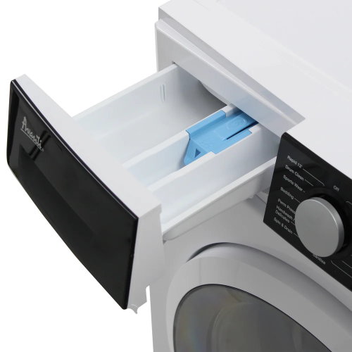 Open detergent drawer of white front load washer showing separate compartments from Front Load Washers collection