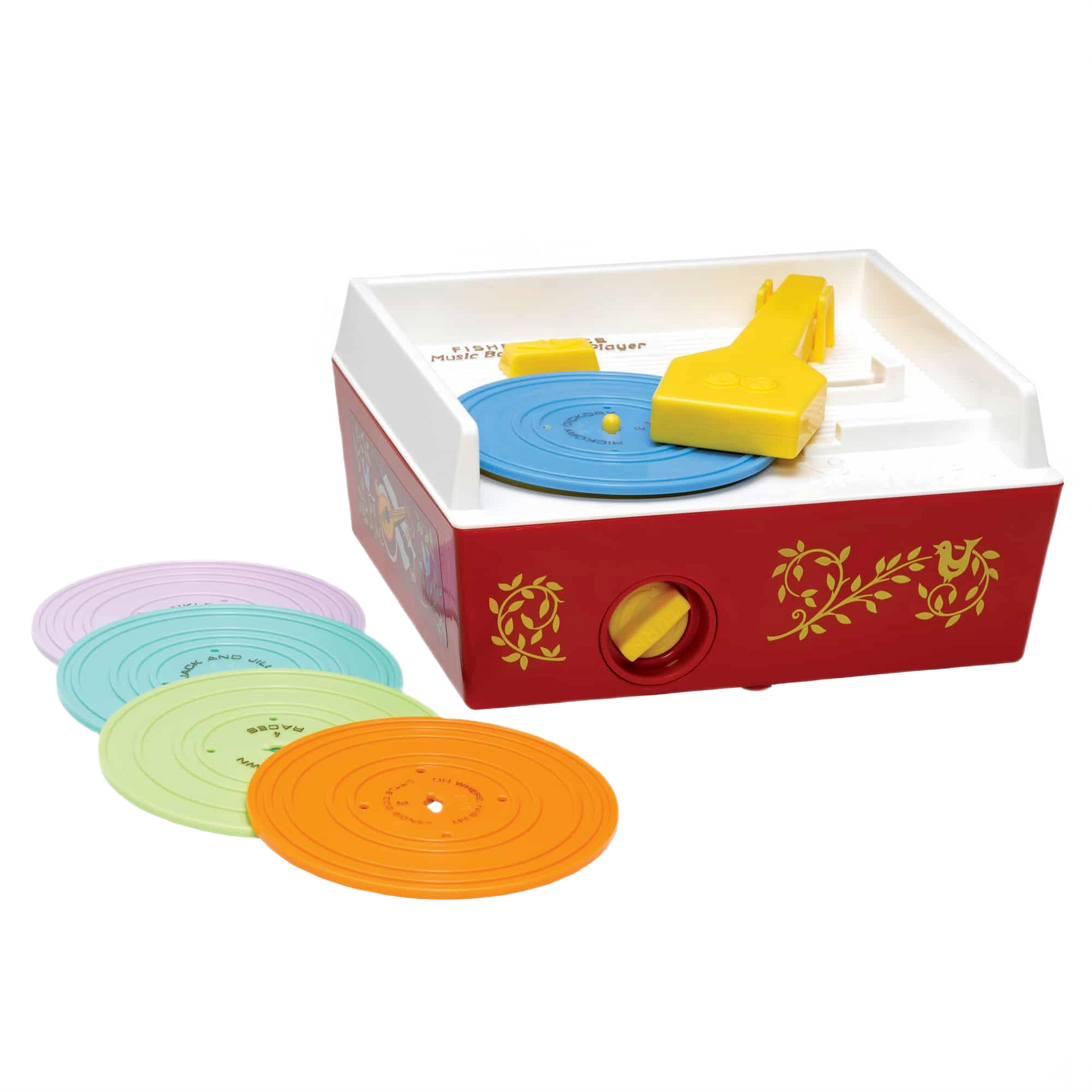 Vintage-style red and white record player toy with colorful discs for pretend play under $50 in toys and games collection