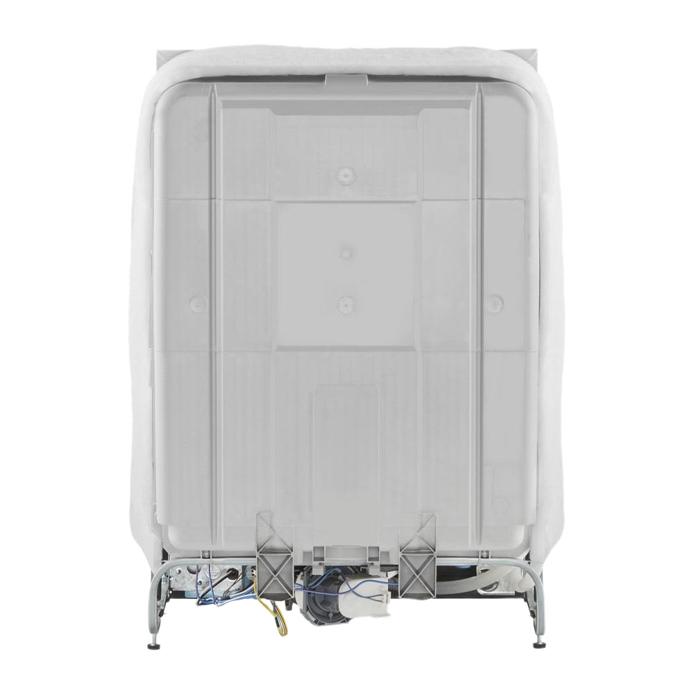 rear view of dishwasher with exposed wiring and internal plumbing components from kitchen appliances collection