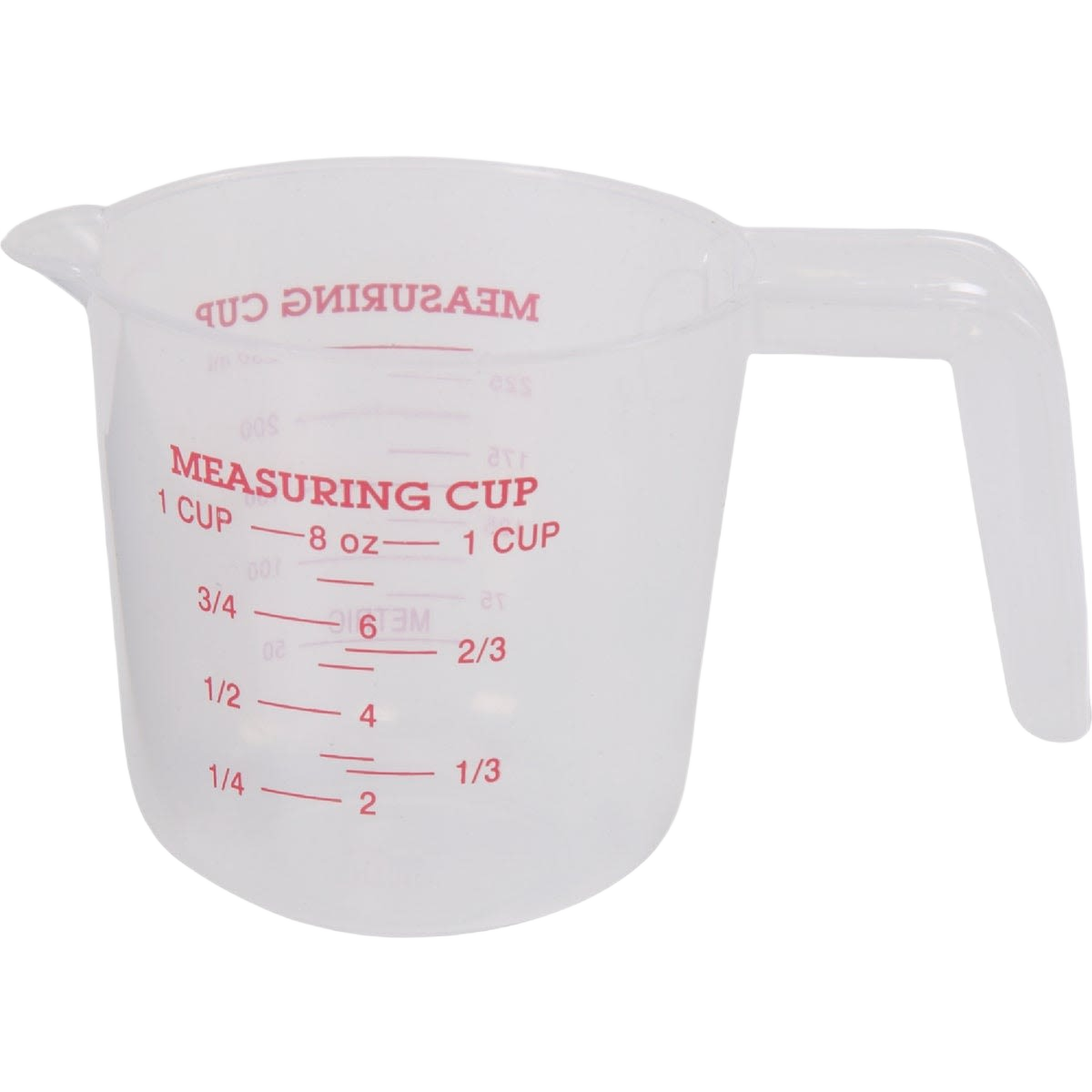 White plastic measuring cup with red metric and standard markings for kitchenware and home use under $50 collection