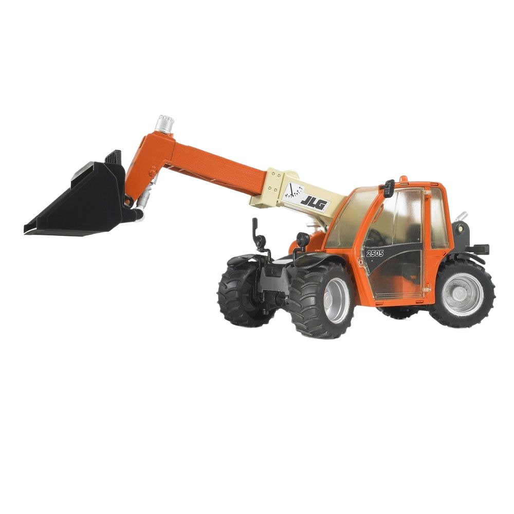 Orange and beige Bruder JLG 2505 telehandler toy with detailed cabin and large black bucket attachment