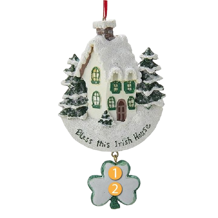 White house Christmas ornament with green windows and snowy trees, featuring Bless This Irish House message under $50 collection