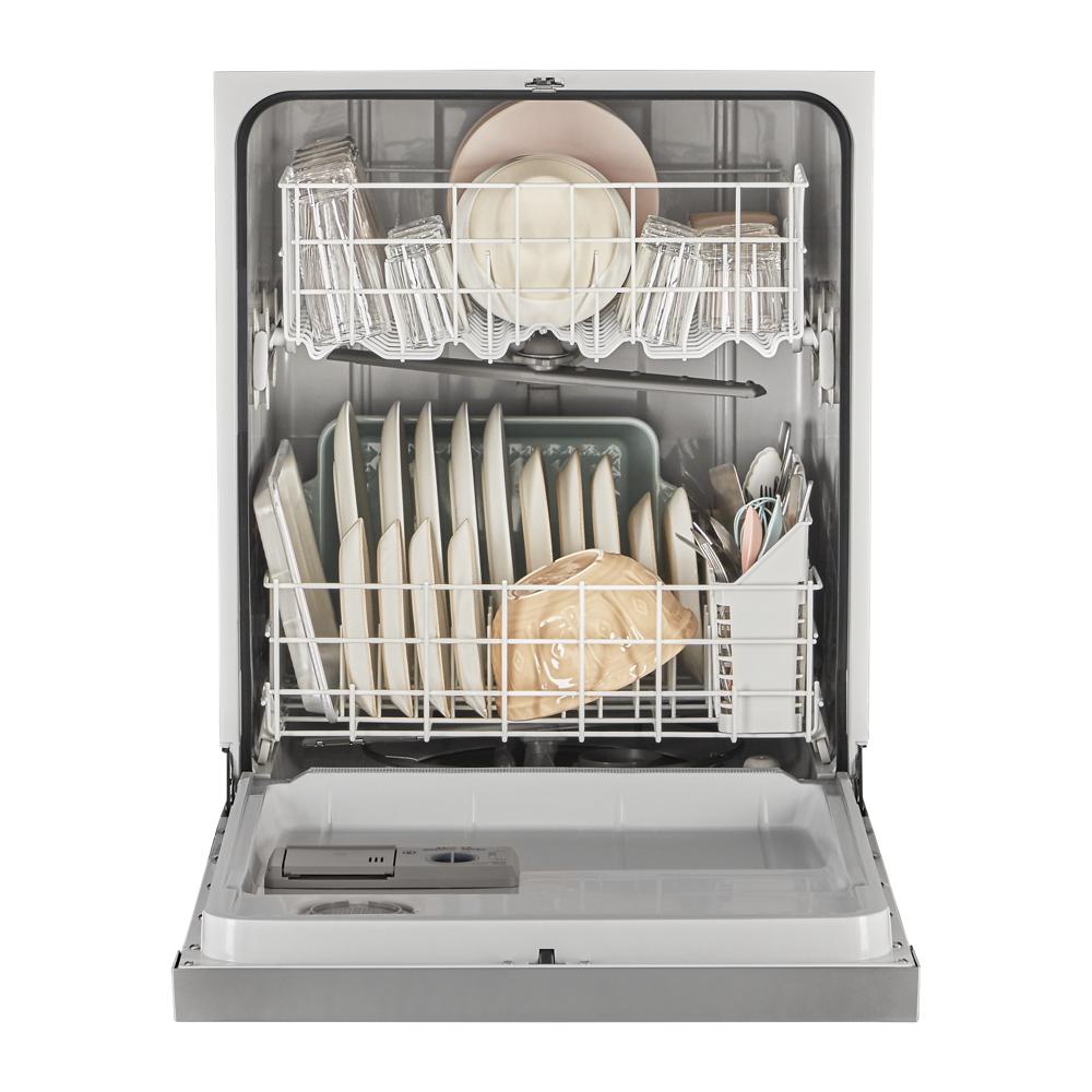 Open dishwasher showing neatly arranged plates, bowls, utensils, and glassware inside racks for kitchen and home use