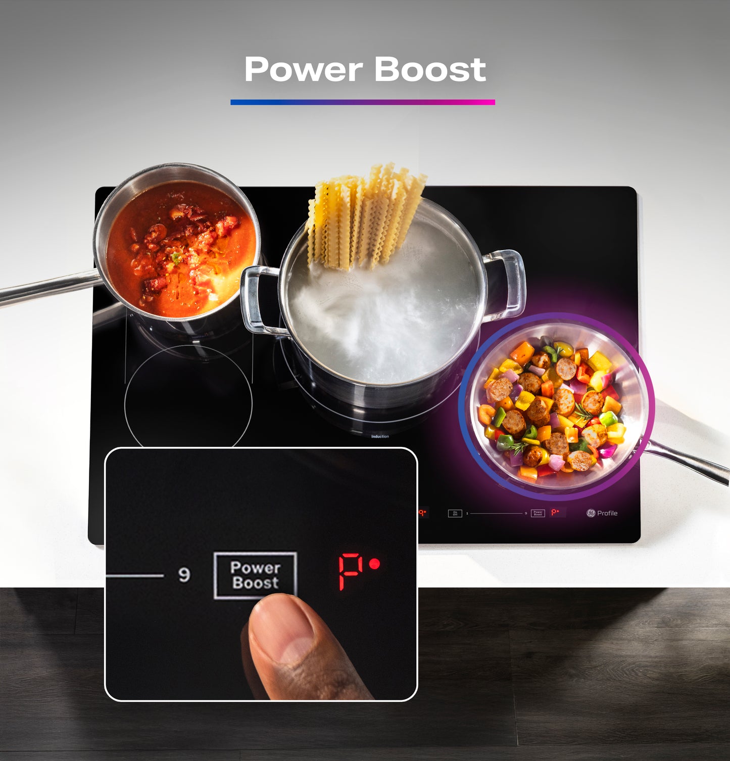 Finger pressing Power Boost button on black induction cooktop with three pots cooking pasta, sauce, and vegetables