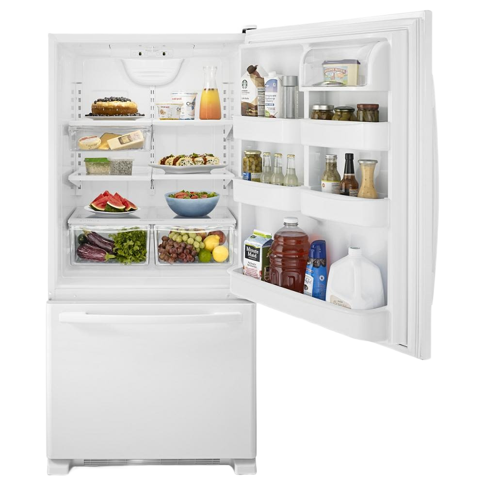White 33-inch wide bottom-freezer refrigerator with adjustable door bins and stocked shelves from Refrigerators and Kitchen collections