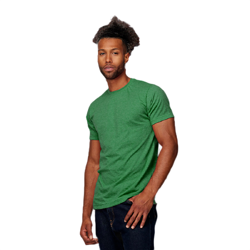 Man wearing a heather kelly green fine jersey short sleeve shirt in casual pose from clothing and under $50 collections