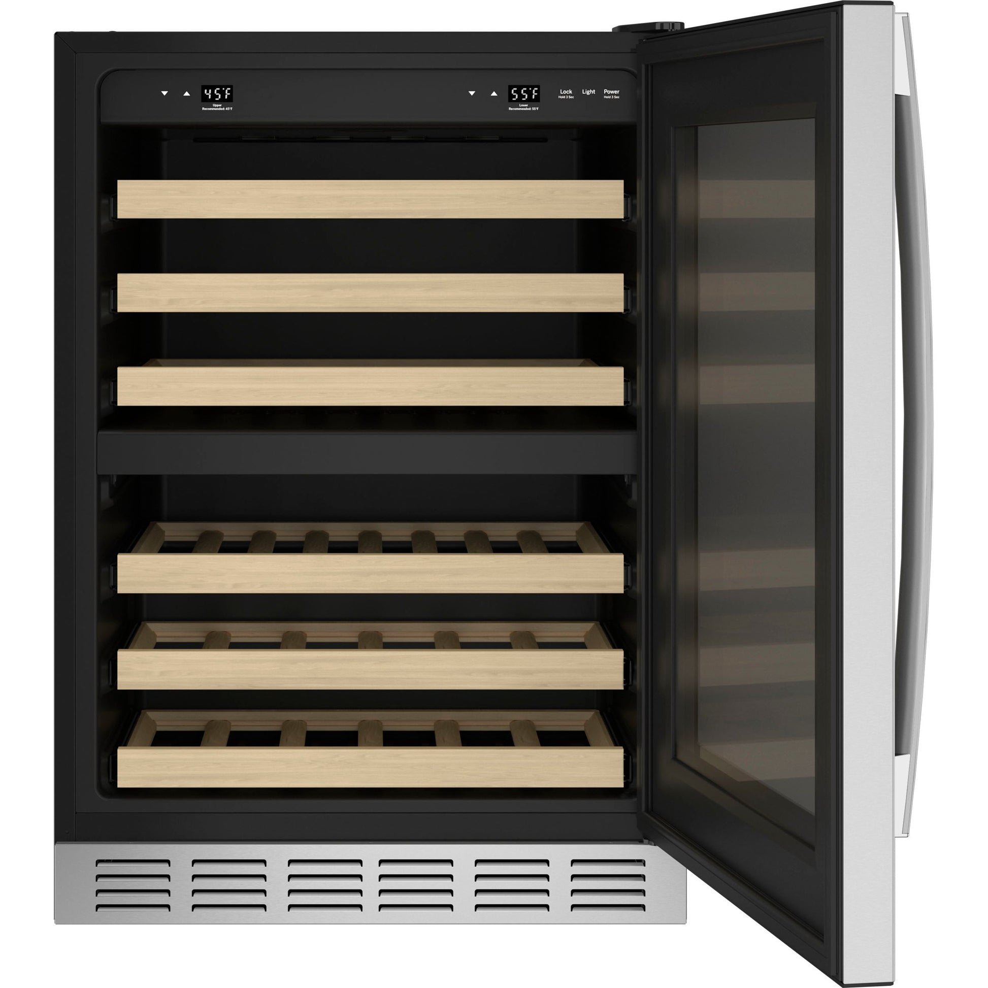 Built-in wine center with stainless steel frame, glass door, and wooden shelves in kitchen and appliances collection