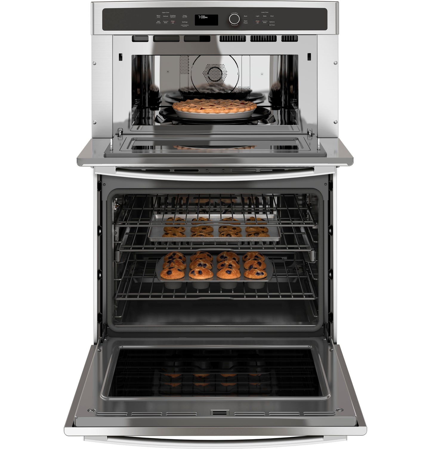 Open stainless steel convection microwave and wall oven with baked cookies and pie inside, part of kitchen appliances collection