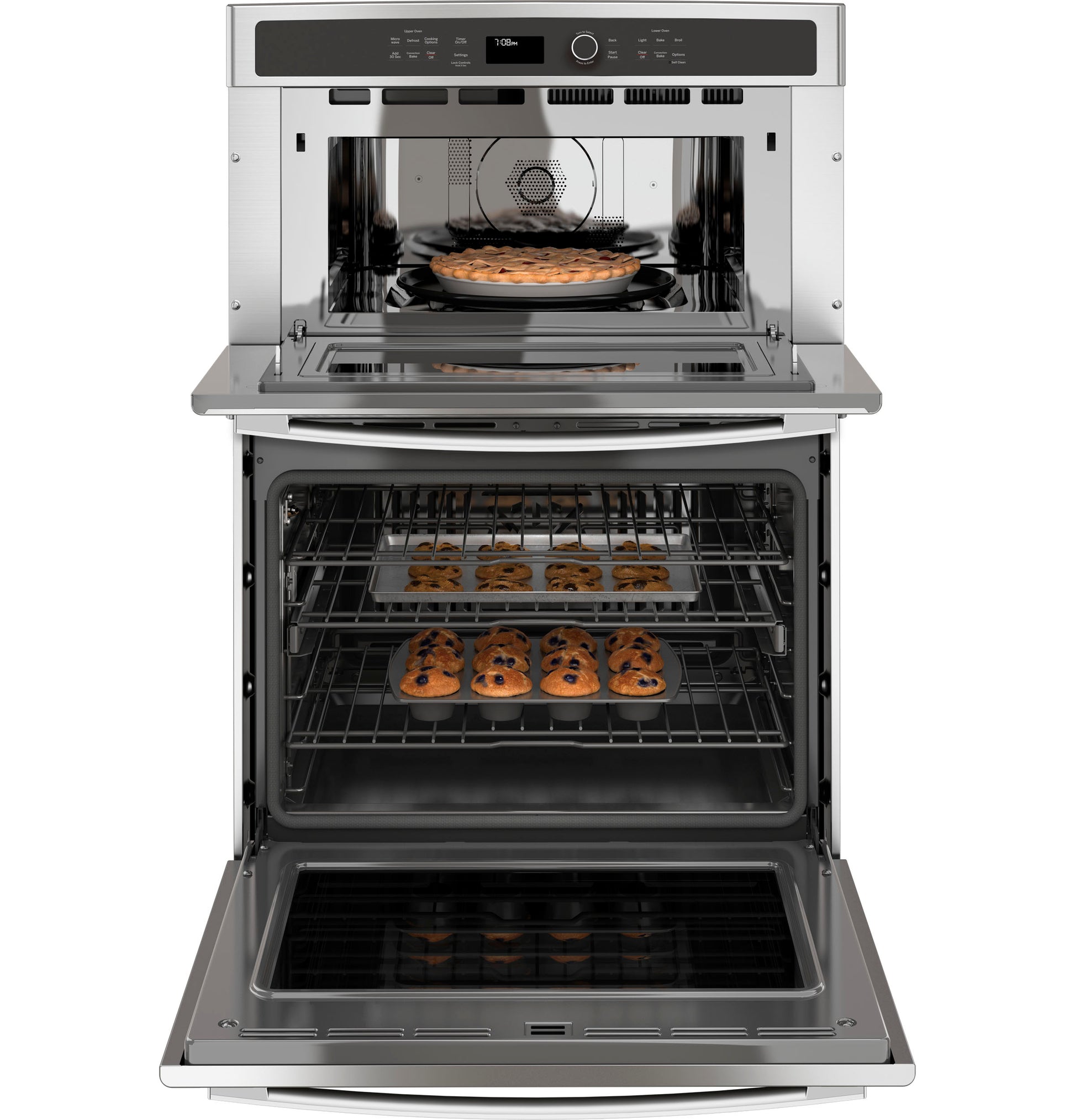Open stainless steel convection microwave and wall oven with baked cookies and pie inside, part of kitchen appliances collection