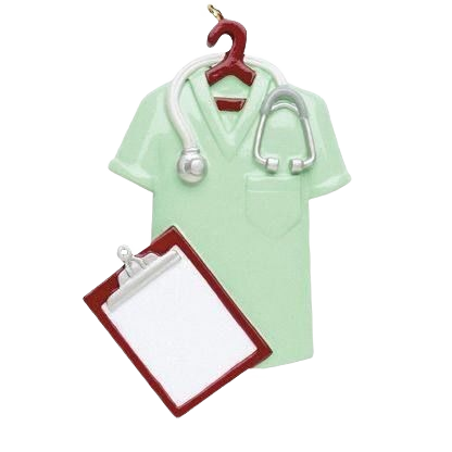 Green medical scrubs ornament with stethoscope on hanger and blank clipboard in Christmas Ornaments collection