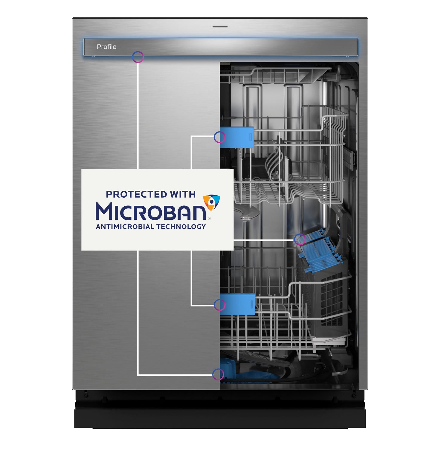 Stainless steel GE Profile dishwasher showing open interior racks with Microban antimicrobial technology highlights