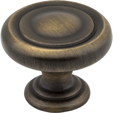 Round antique brass cabinet knob with brushed satin finish for tools and home improvement projects