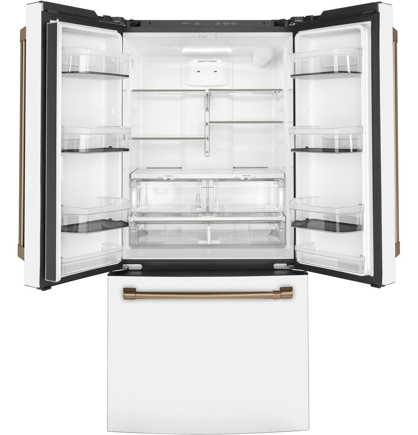 Open white French-door refrigerator with spacious adjustable shelves and bronze handles from Refrigerators collection