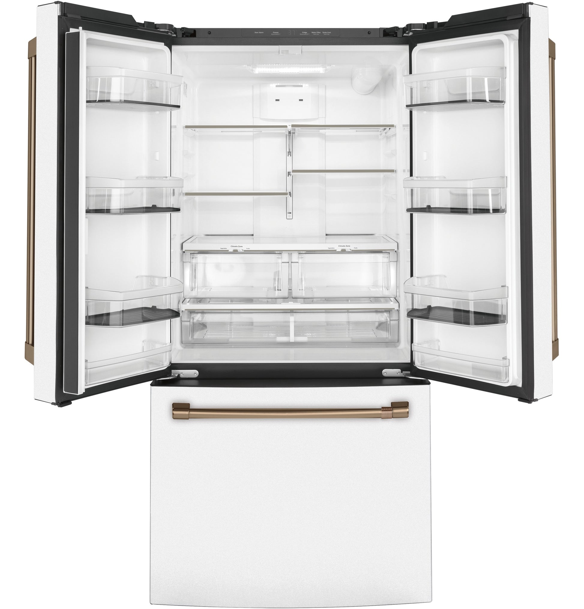 Open white French-door refrigerator with spacious adjustable shelves and bronze handles from Refrigerators collection