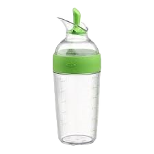 Clear plastic salad dressing shaker with green grip and spout, for kitchen storage and food organization under $50