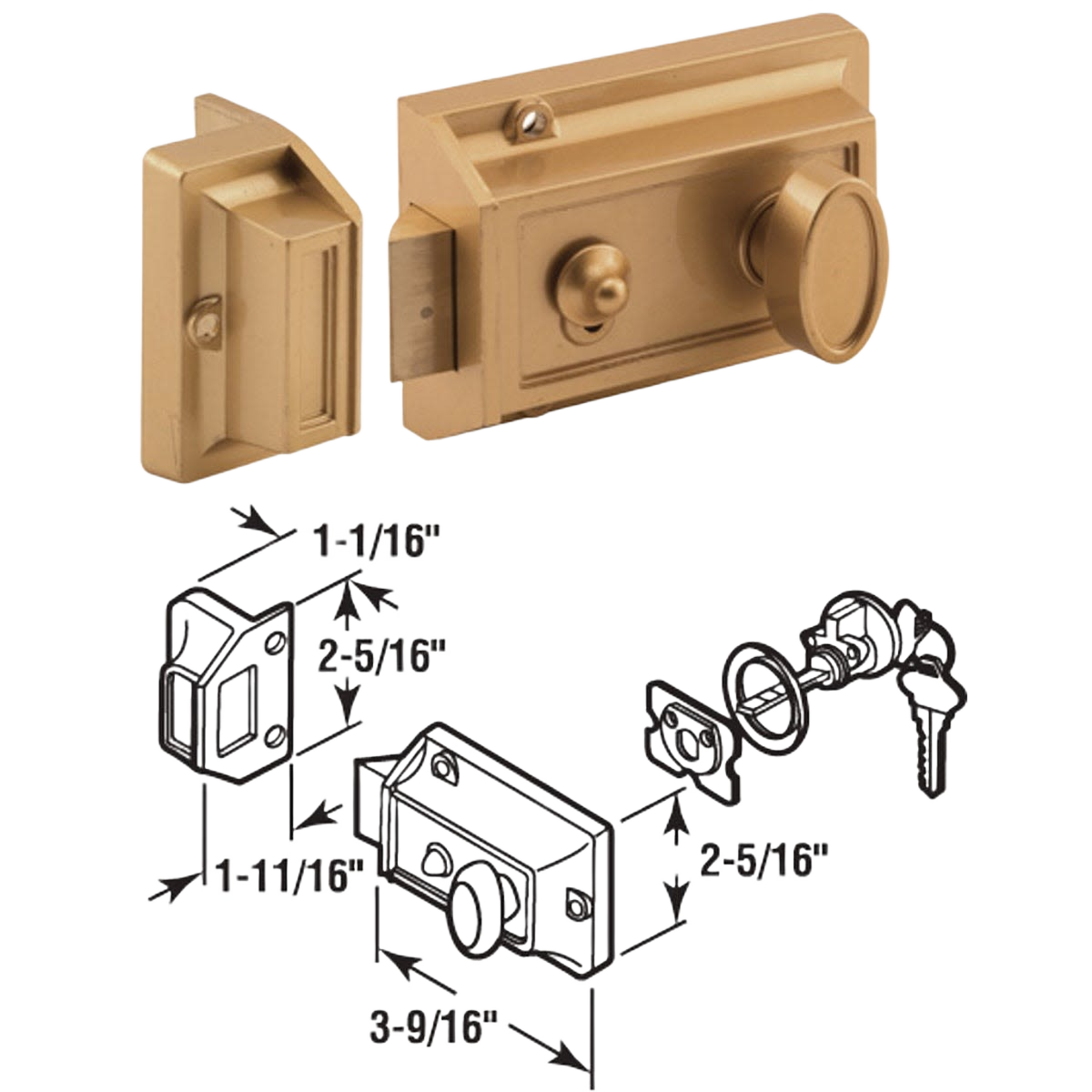 Brass finish 3-way night latch with locking cylinder and installation diagram for hardware and door locks collection