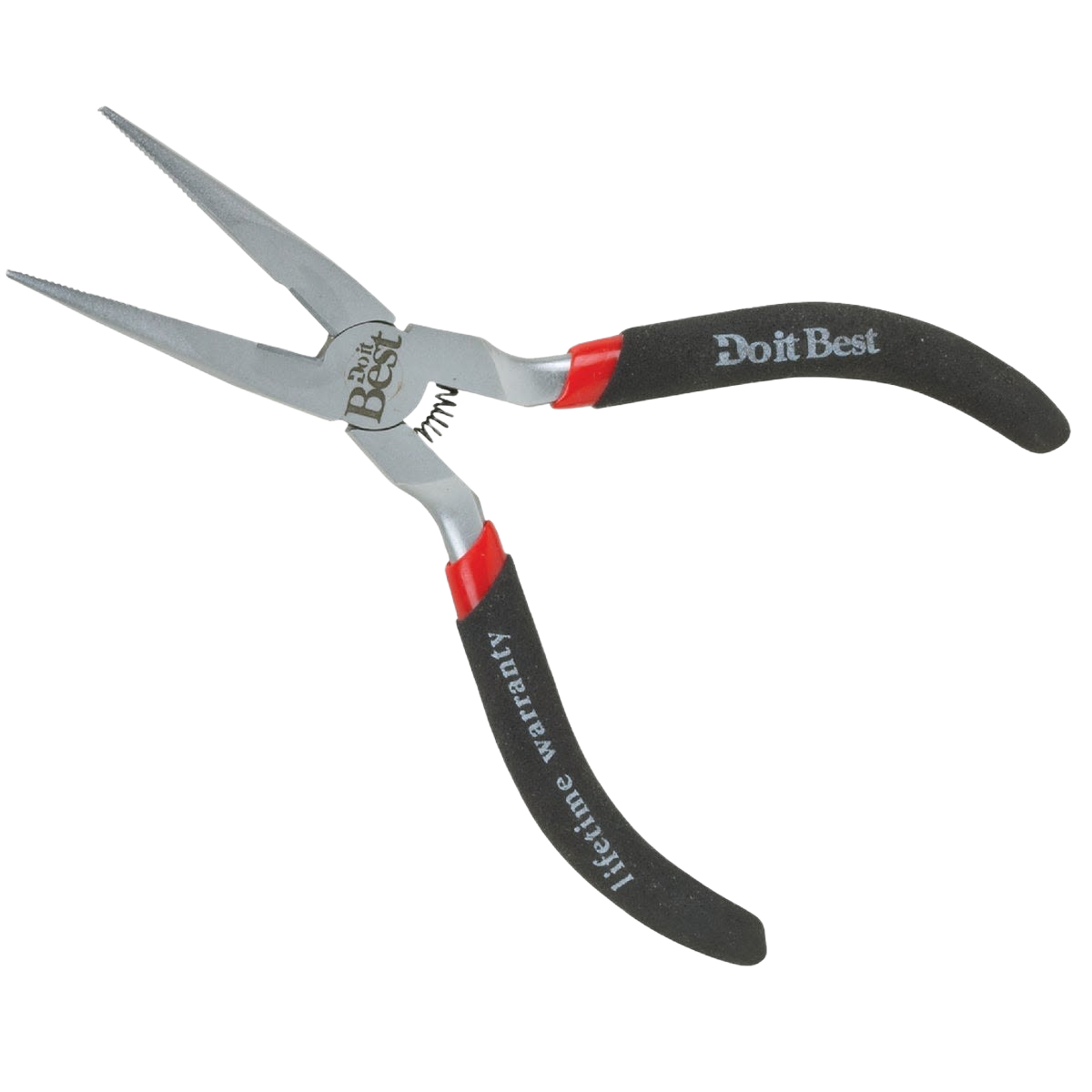 Steel long nose pliers with black and red cushioned grip handles designed for precise home improvement tasks