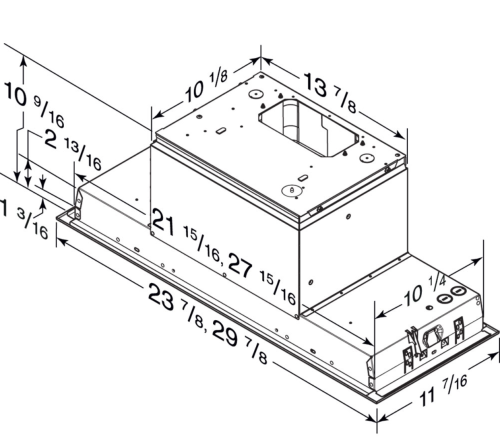 Technical line drawing of a kitchen range hood blower insert with detailed dimension measurements for installation guidance