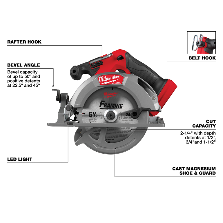 Red and black cordless circular saw with LED light, belt and rafter hooks, cast magnesium shoe for home improvement tasks