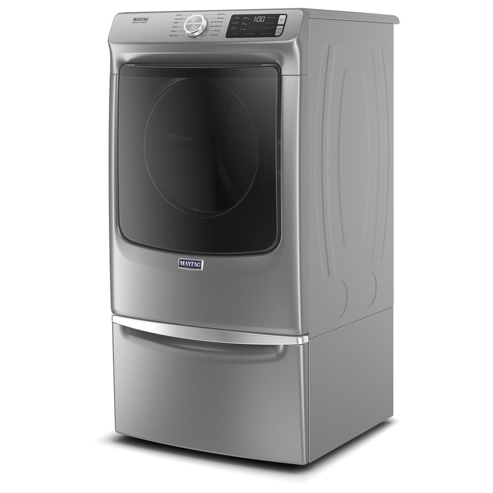 Silver front load gas dryer with digital display and metallic control knob in Dryers and Appliances collection