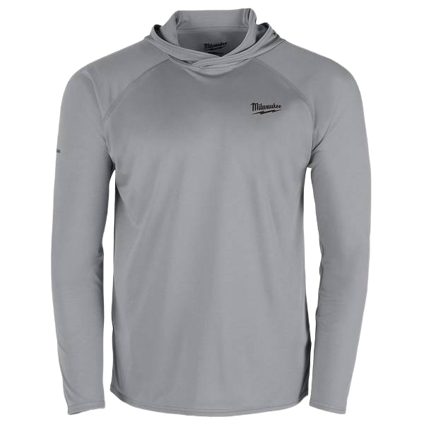 Gray long-sleeve hooded sun shirt with lightweight fabric and Milwaukee logo for outdoor workwear and home improvement