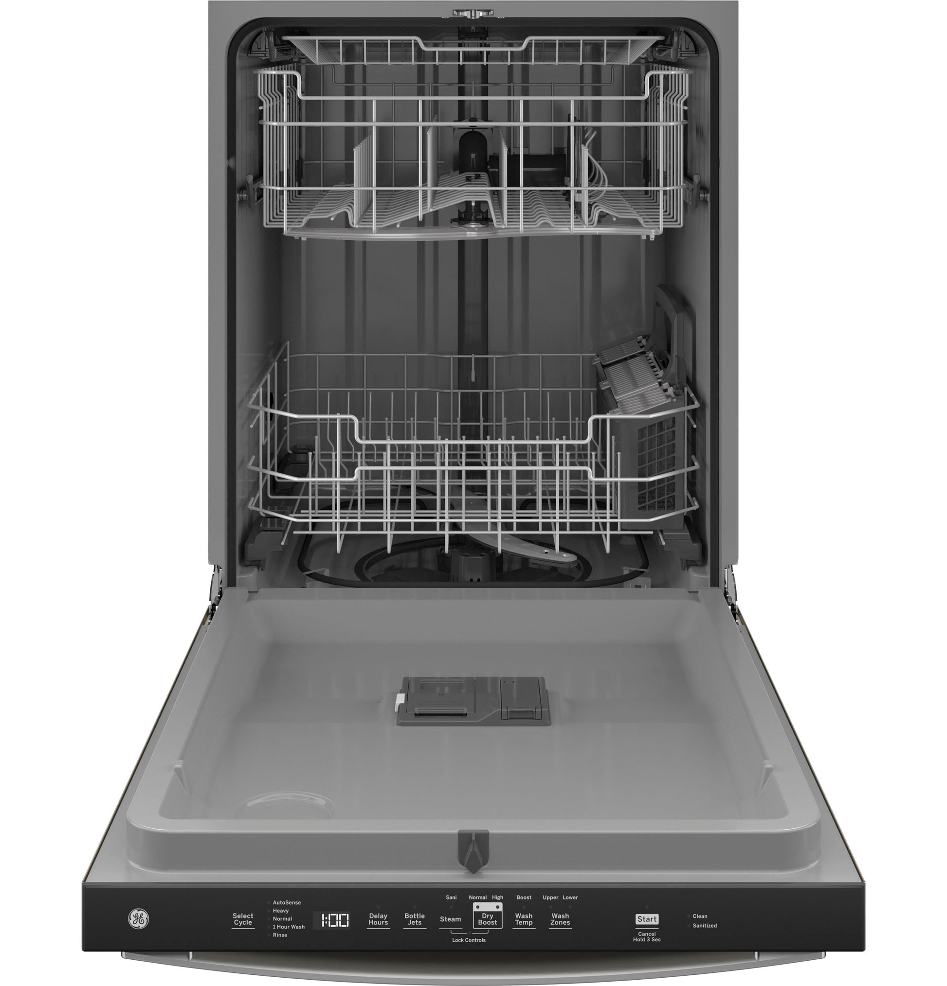 Open built-in dishwasher with top controls, plastic interior, and adjustable racks for kitchen appliance collection
