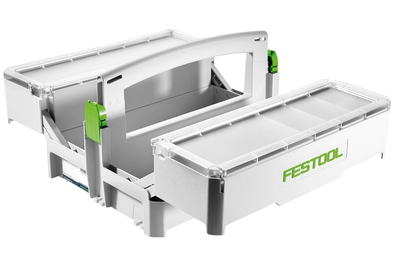 Gray and white Festool storage box with green accents and removable trays for organizing woodworking tools and accessories