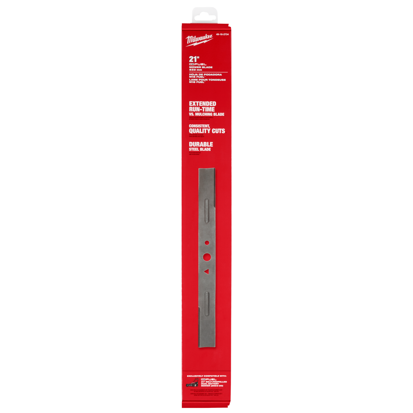 Milwaukee 21-inch durable steel mower blade in red packaging for home improvement tools under $50 collections