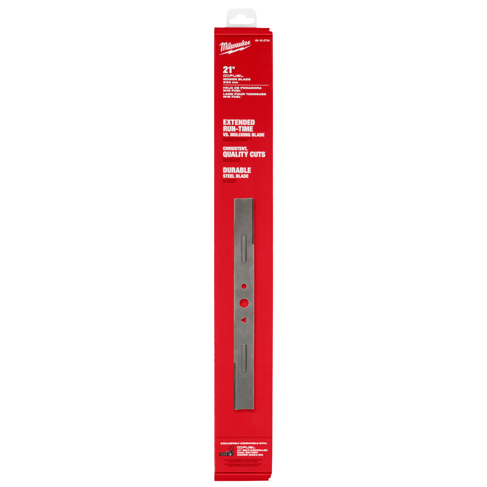 Milwaukee 21-inch durable steel mower blade in red packaging for home improvement tools under $50 collections