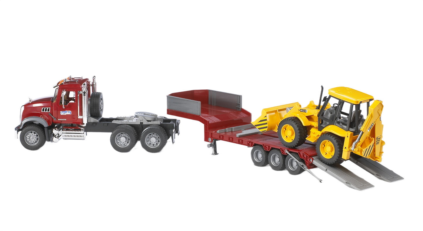 Red MACK Granite truck toy with lowboy trailer loading a yellow JCB 4CX backhoe loader for construction play