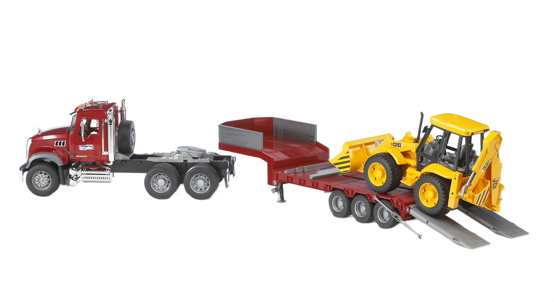 Red MACK Granite truck toy with lowboy trailer loading a yellow JCB 4CX backhoe loader for construction play