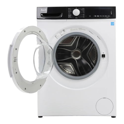 White compact front load washer with black control dial and open circular door for washers and appliances collection