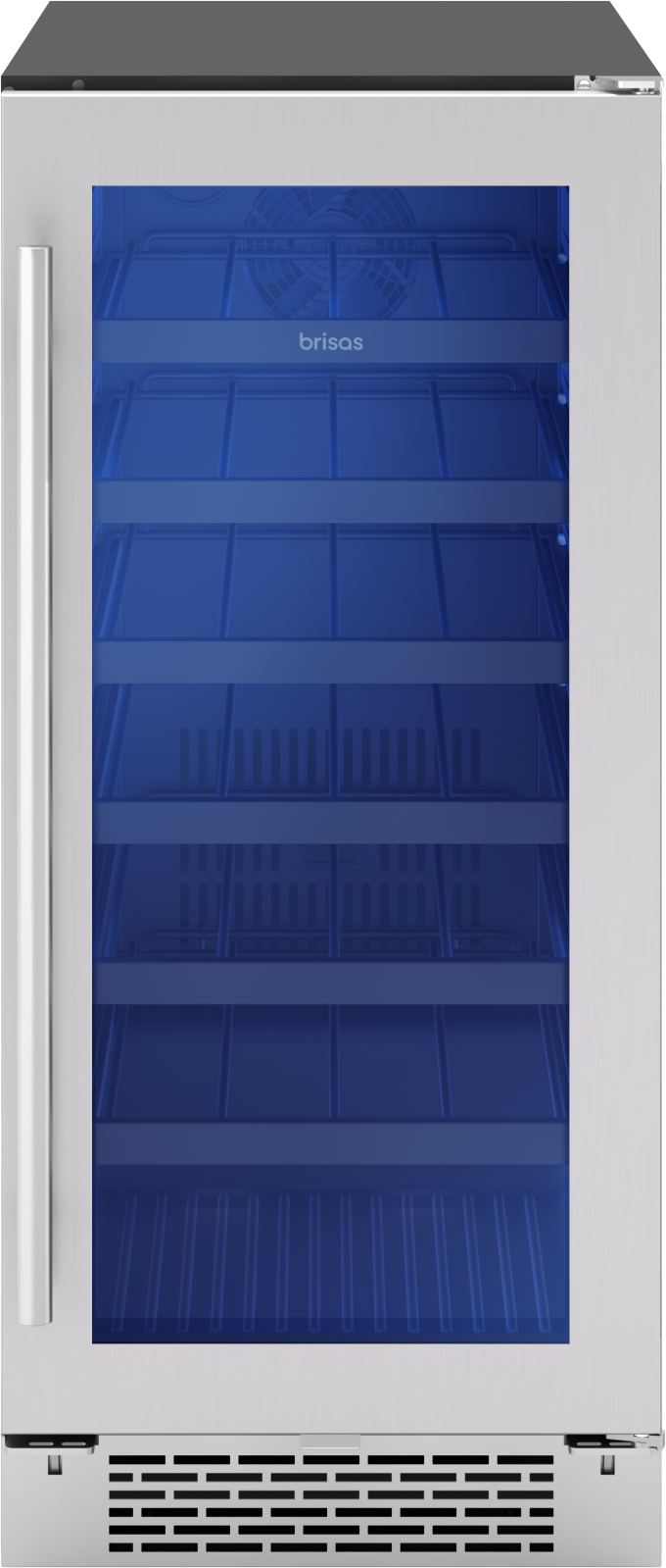 15-inch under-counter beverage cooler with stainless steel frame and blue-tinted glass door, featuring multiple metal shelves, part of Refrigerators, Kitchen & Kitchenware, Beverage Centers, and Appliances collections.