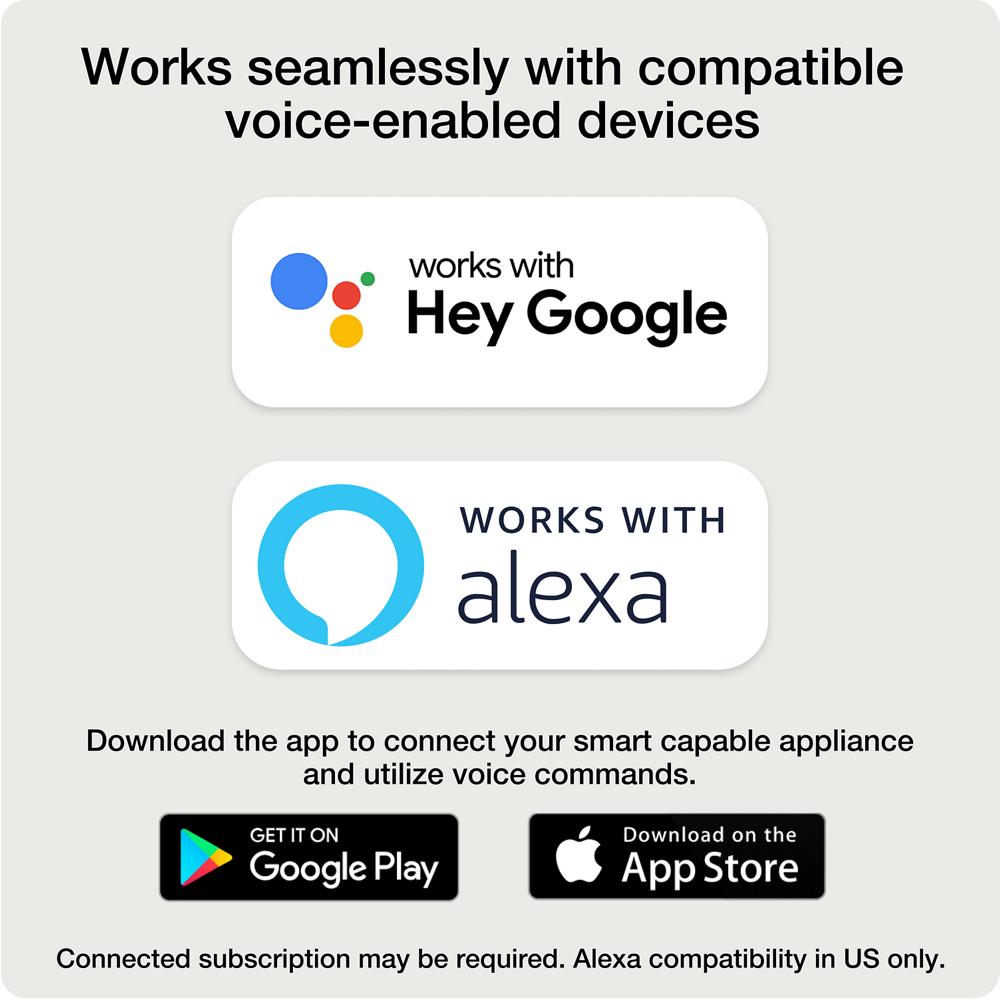 Compatibility badge showing voice control support for Google Assistant and Alexa with app download icons for smart appliances