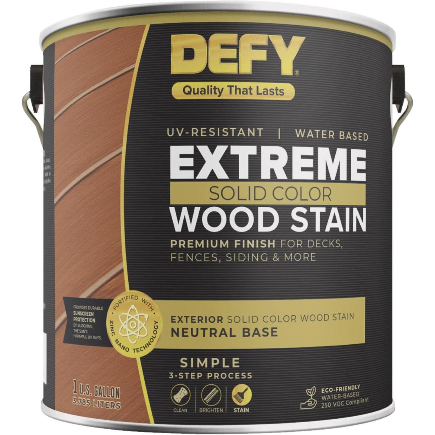 One gallon container of Defy Extreme neutral base solid color wood stain for exterior decks and siding protection
