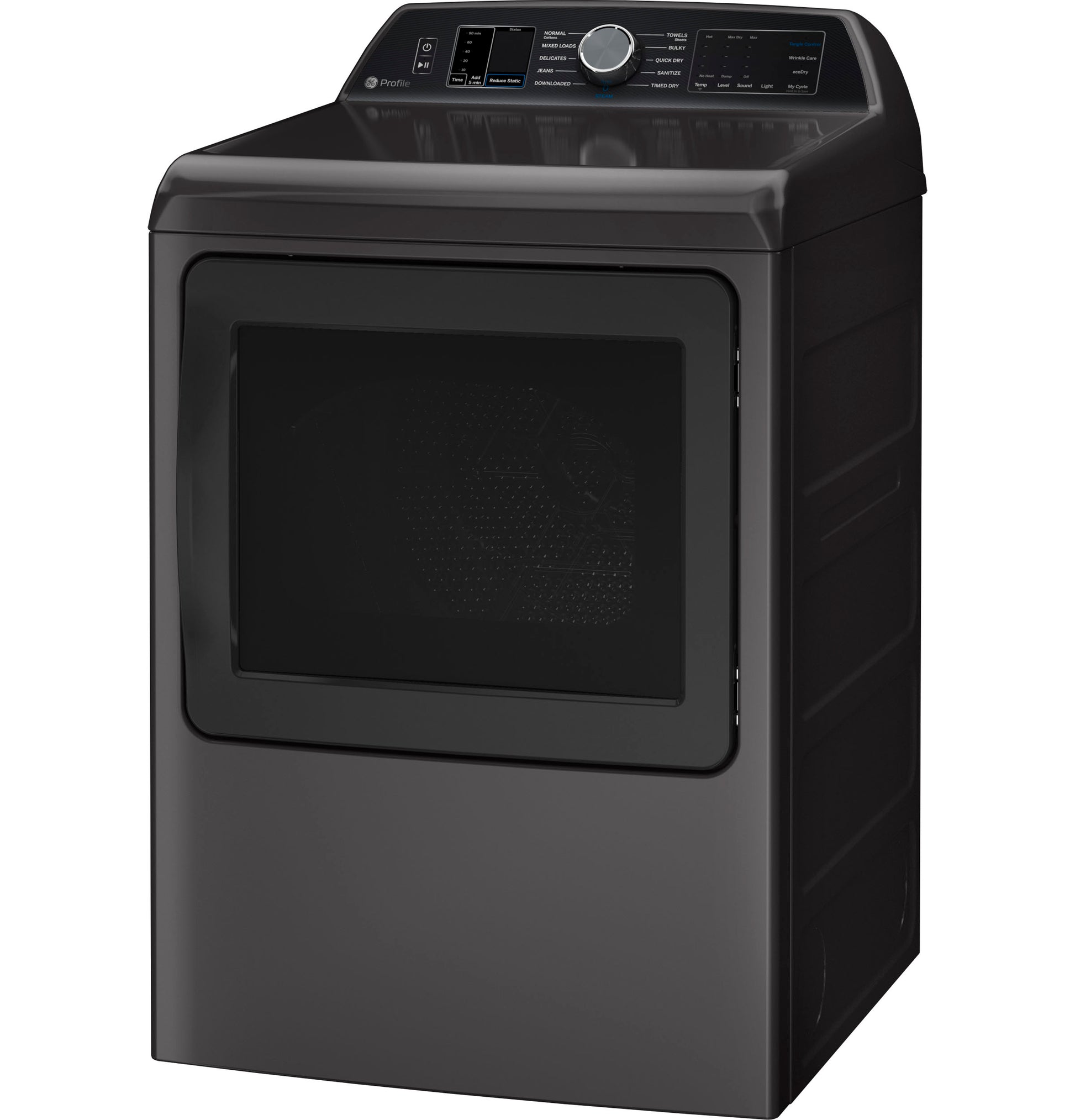 Sleek dark aluminized electric dryer with digital controls and clear door window in modern appliance collection