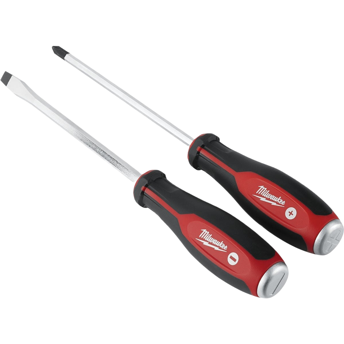 Two-piece Milwaukee demolition screwdriver set with red and black ergonomic handles for home improvement tasks
