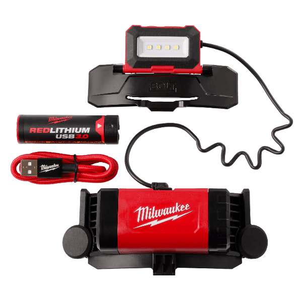 Compact red and black rechargeable headlamp set with USB charging cable and detachable battery pack for tools and home improvement