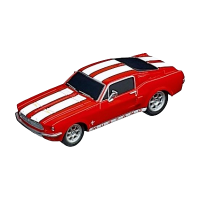 Red vintage Mustang slot car with white racing stripes and detailed exterior design for racing enthusiasts