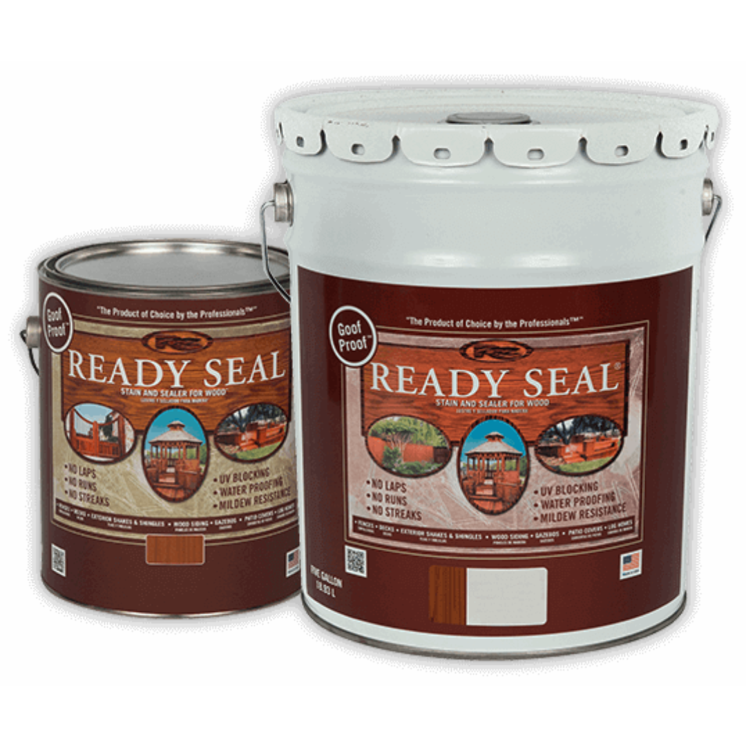Two containers of Ready Seal exterior stain and sealer in rich mission brown for wood protection and finishing