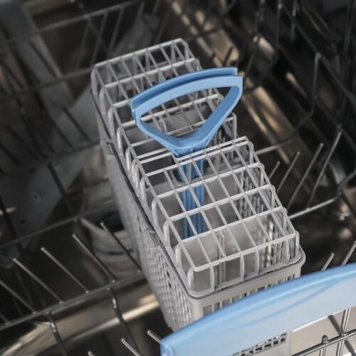 Close-up of silverware basket with blue handle inside stainless steel dishwasher from Dishwashers and Kitchen collections