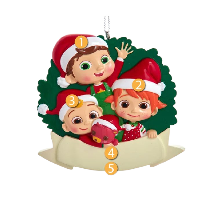 Festive Cocomelon characters wearing Santa hats with a green wreath background and space for custom name text