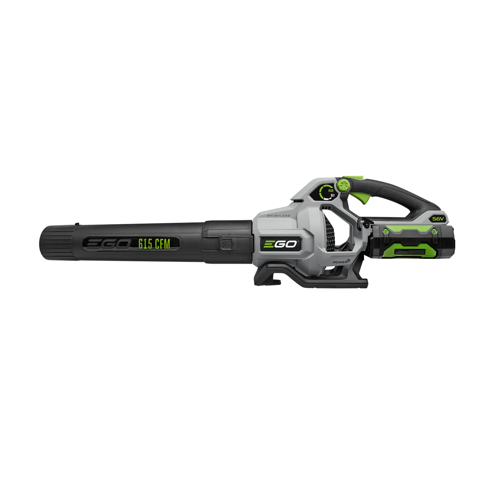 Cordless green and black yard blower with 615 CFM airflow, ergonomic handle, battery, and charger for home improvement tasks