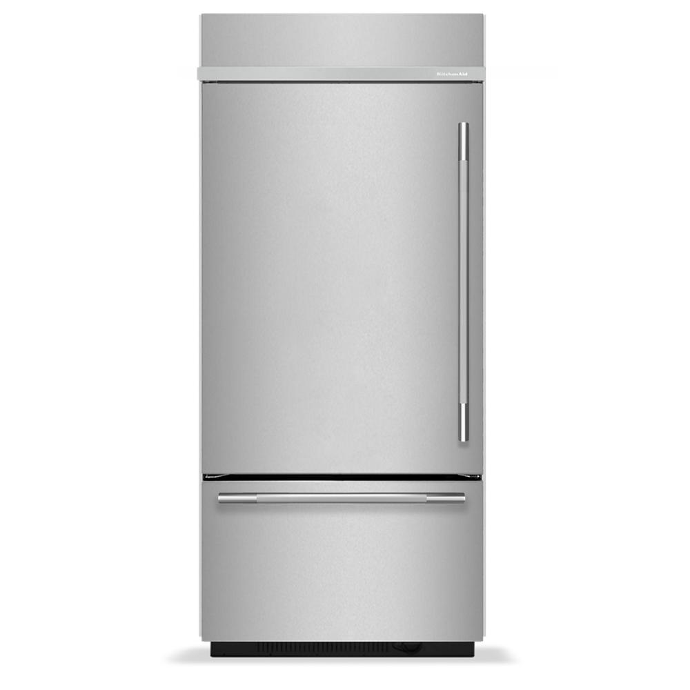 36-inch built-in bottom mount refrigerator with platinum finish and sleek handles from KitchenAid Appliances collection