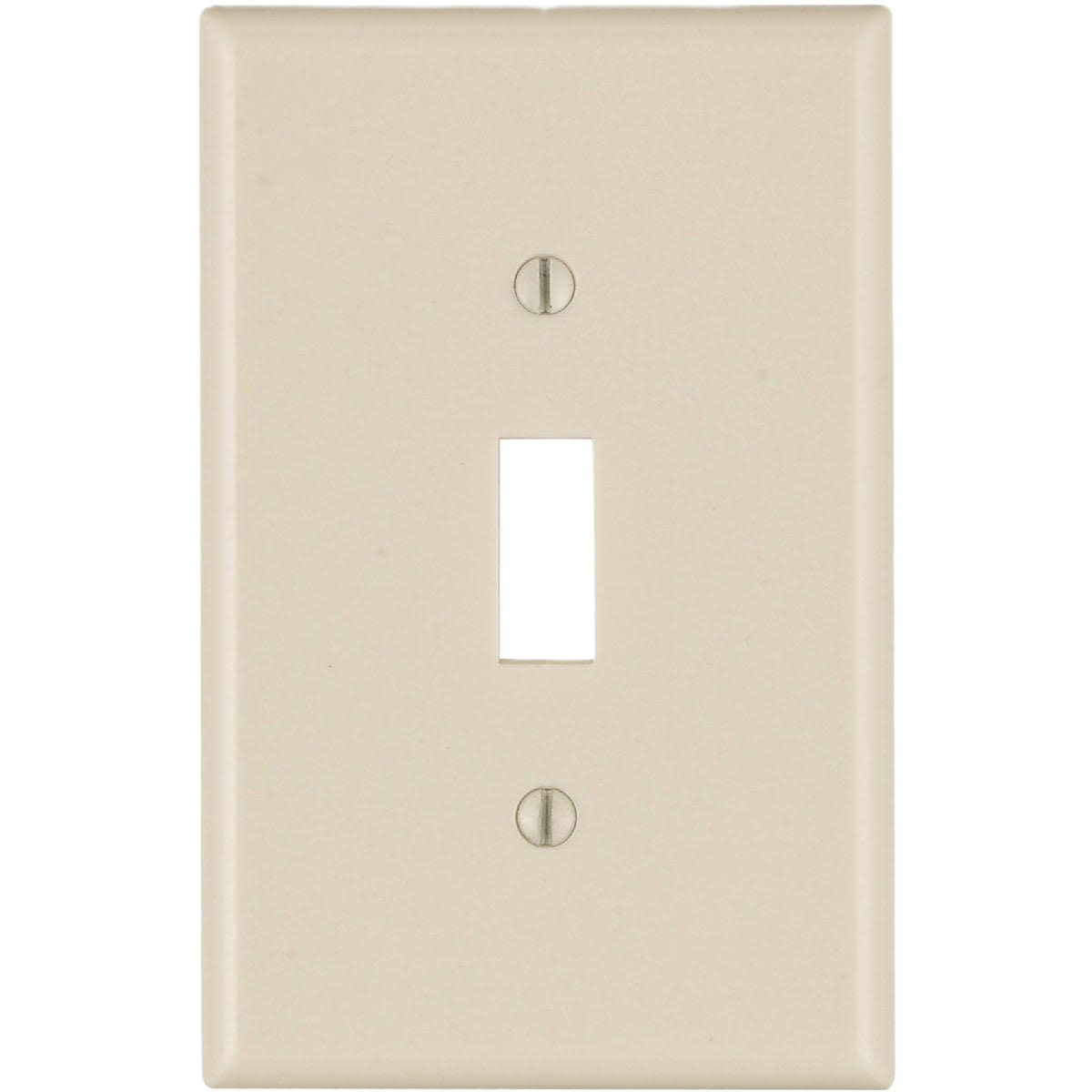 Almond-colored mid-way toggle switch wall plate with smooth plastic finish for electrical wall plates collections
