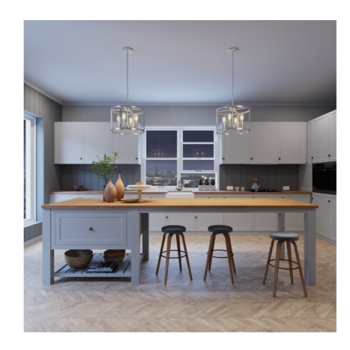 Pair of brushed nickel pendant lights with clear glass shades over modern farmhouse kitchen island seating
