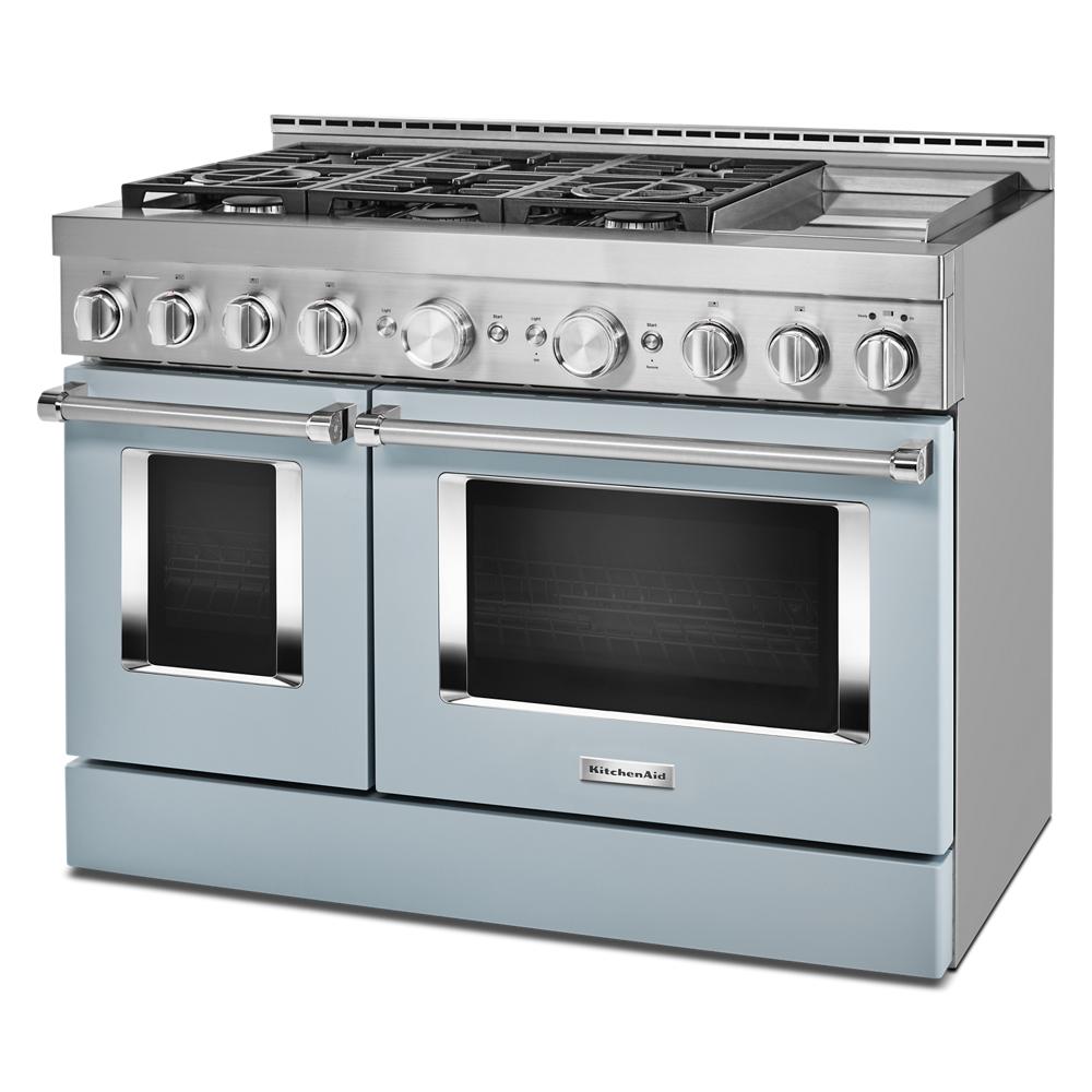 KitchenAid blue and stainless steel commercial-style gas range with six burners and dual ovens from Ranges collection
